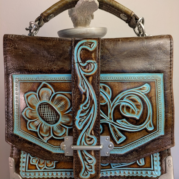 Patricia Nash Handbags - Patricia Nash Brn Leather Stella Flap HandBag w/Intriquite Blue Floral Tooling